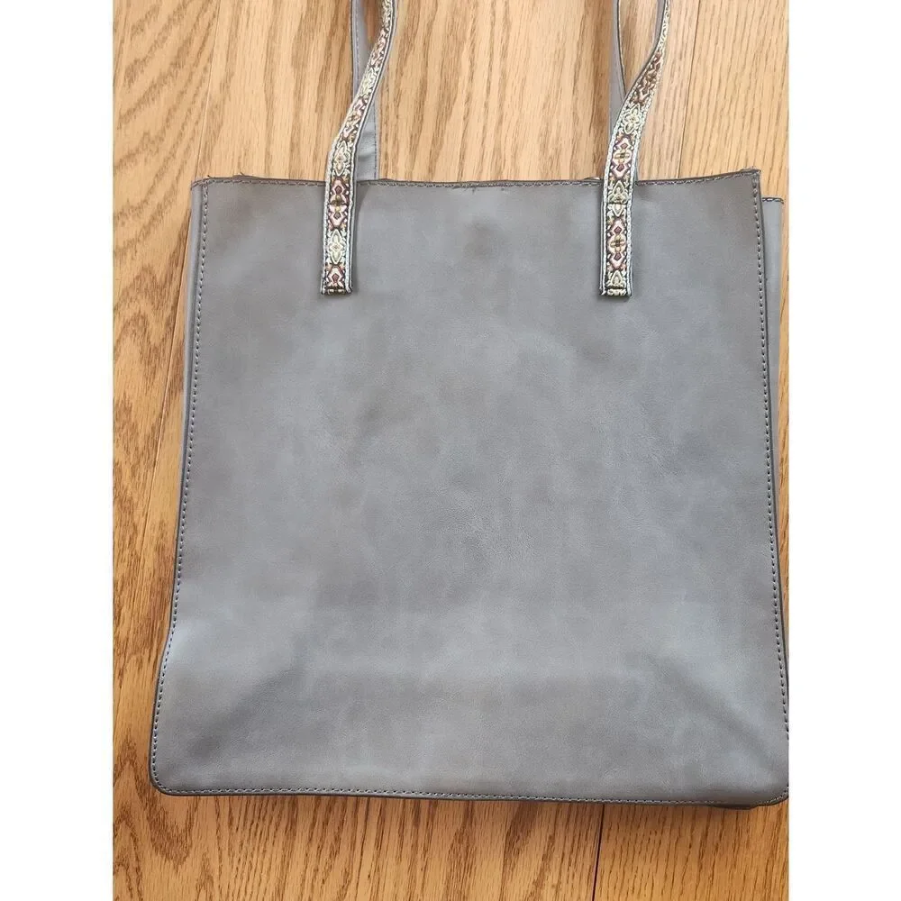Gray Southwestern Tote Bag w turquois & Silver studs & Embroidered Floral Straps